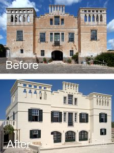 Facade of rustic farmhouse. Before and After – Exclusive Renovation by Ses Moreres.